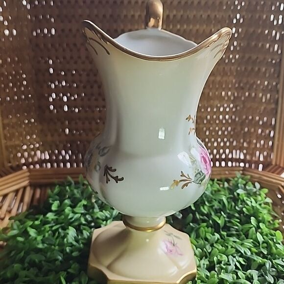 Vintage Porcelain Floral Pitcher Vase With Gold Tone Accent Coquette Bridal - Picture 5 of 17